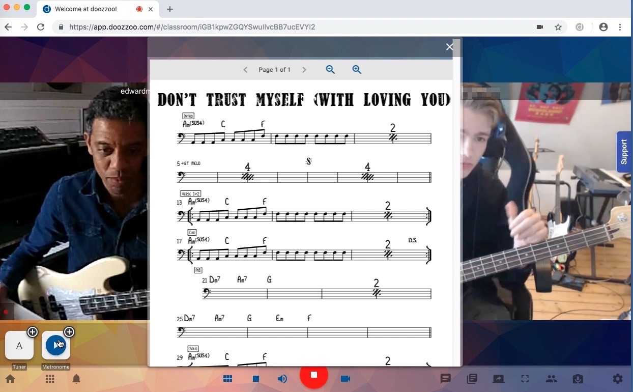 Edward Maclean - live online bass lesson and coaching using doozzoo - sharing sheet music